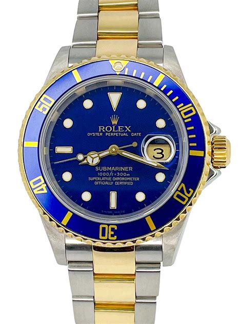 rolex blue submariner steel 18k yellow gold watch 16613|rolex submariner 16613 for sale.